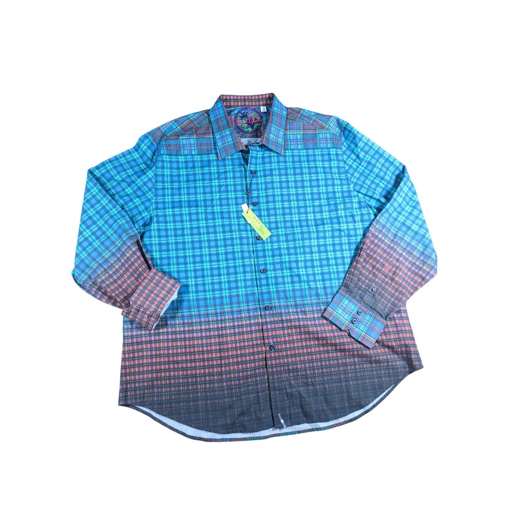 Robert Graham Men's 3XL Cotton Button Up Shirt Blue Plaid Ombre Long Sleeve
